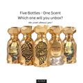 Elite 60ml unisex spray bottle of Arabiyat Prestige Mahd Al Dhahab perfume highlighting its heavy gold architectural design.