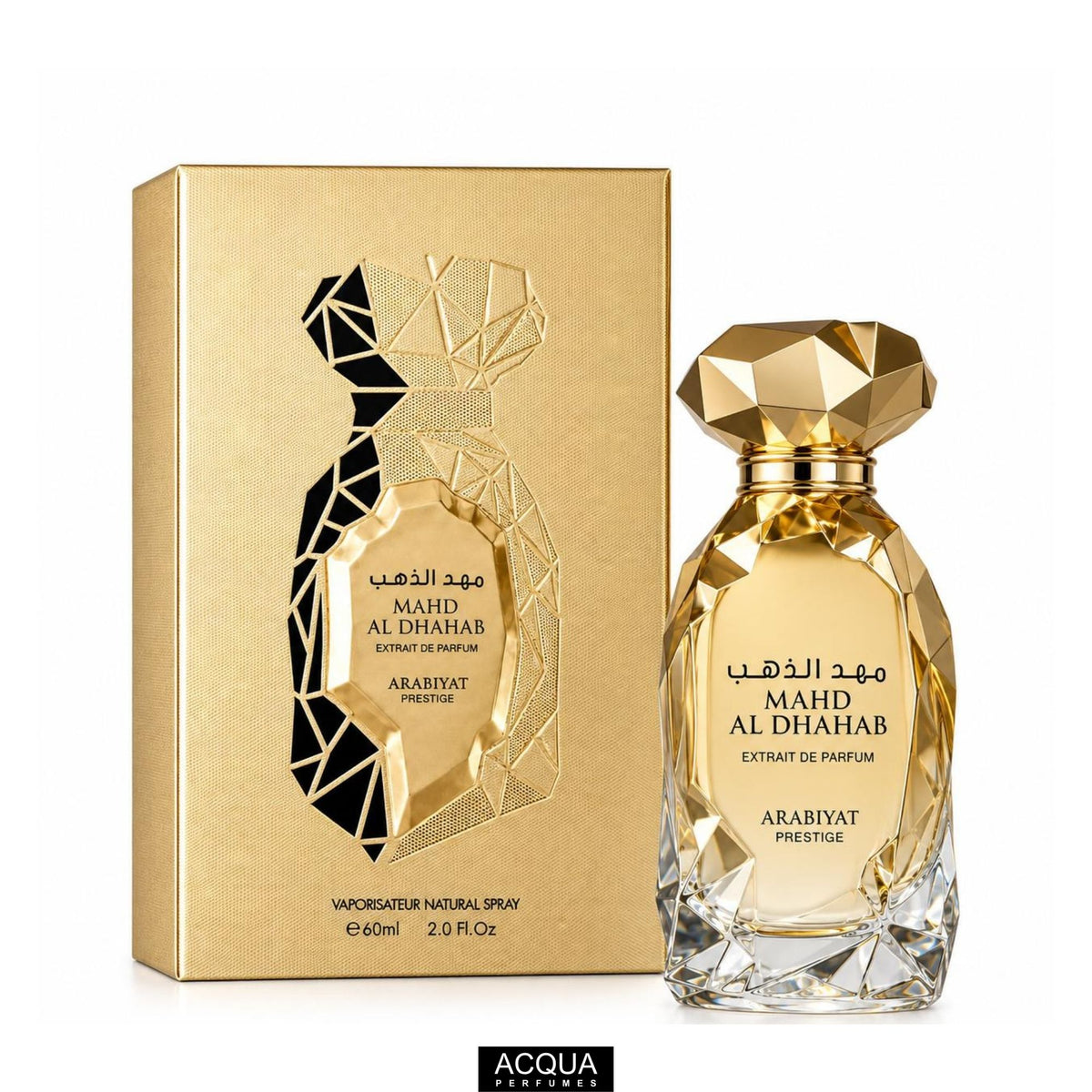 Arabiyat Prestige Mahd Al Dhahab Extrait De Parfum 60ml luxury heavy bottle and premium presentation display box on ShopAcqua.com