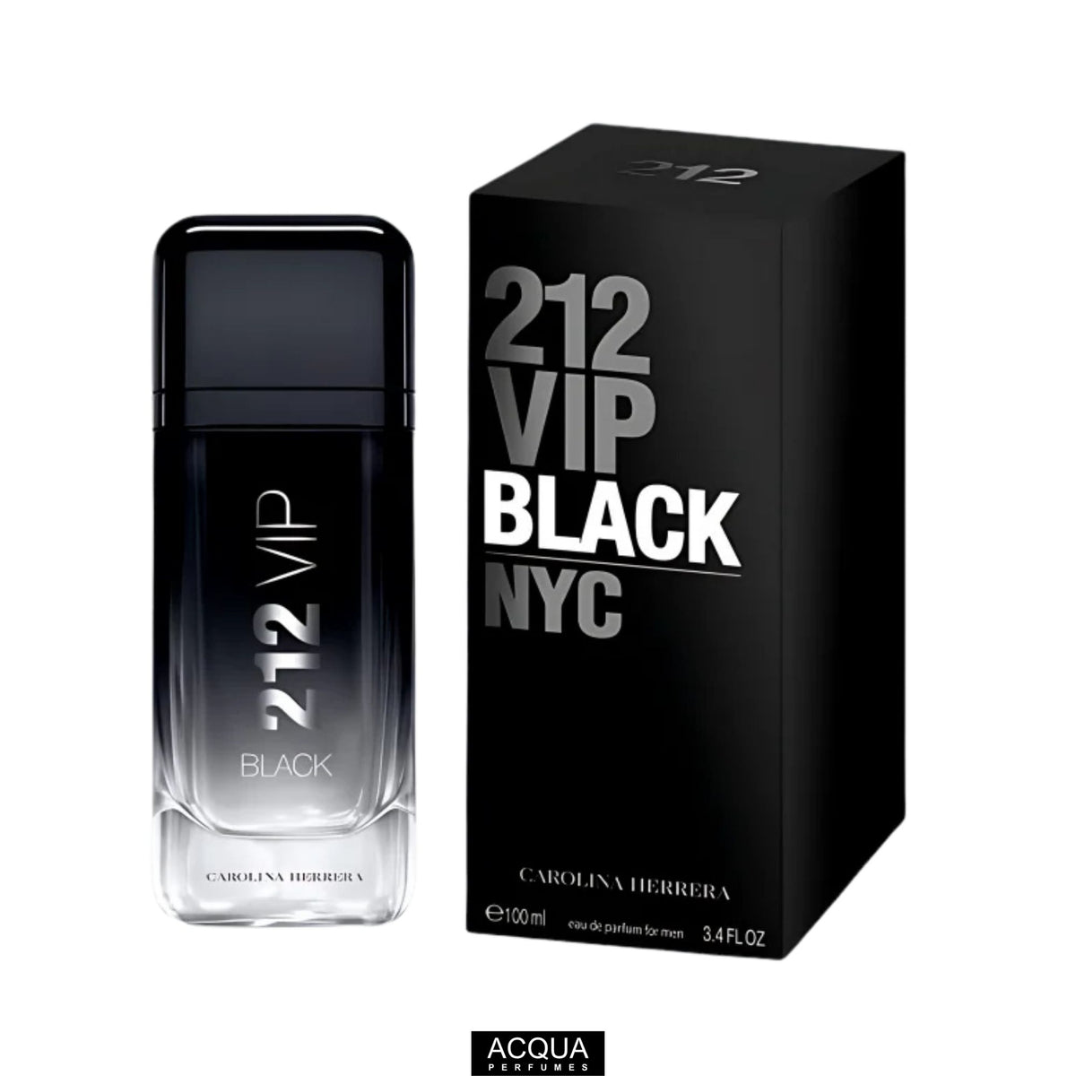 Carolina Herrera 212 VIP Black Eau De Parfum 100ml men's premium perfume bottle featuring its monolithic dark gradient glass design standing beside its luxury matte black retail box packaging on ShopAcqua.com.