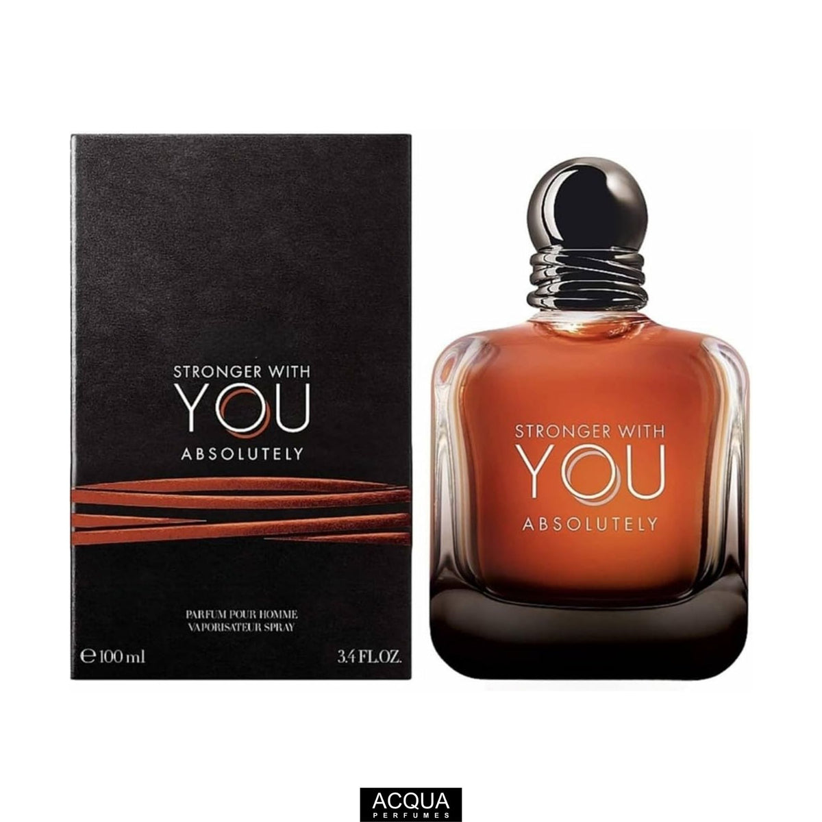 Emporio Armani Stronger With You Absolutely 100ml retail box packaging next to the smoky dark gradient glass bottle on ShopAcqua.com