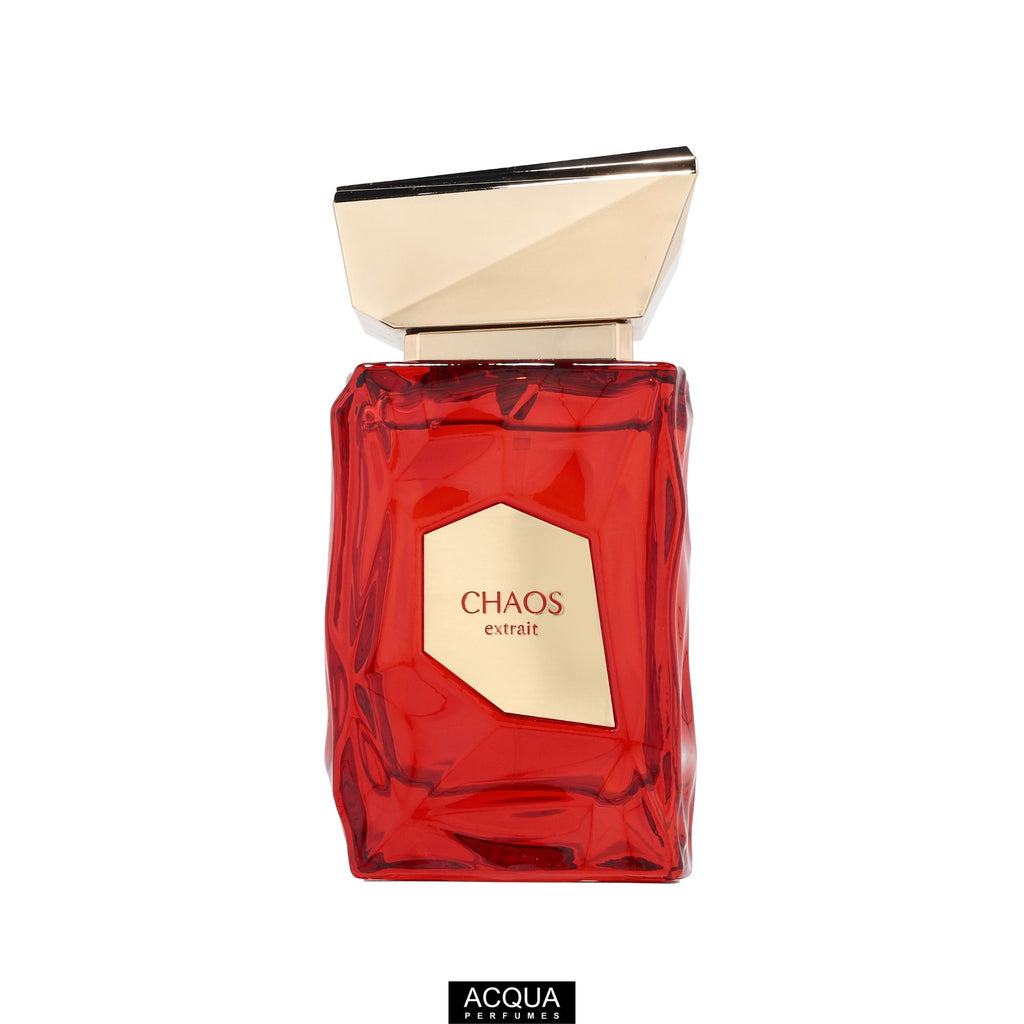 Premium 100ml geometric glass bottle of French Avenue Chaos unisex perfume highlighting the sleek design and liquid color.