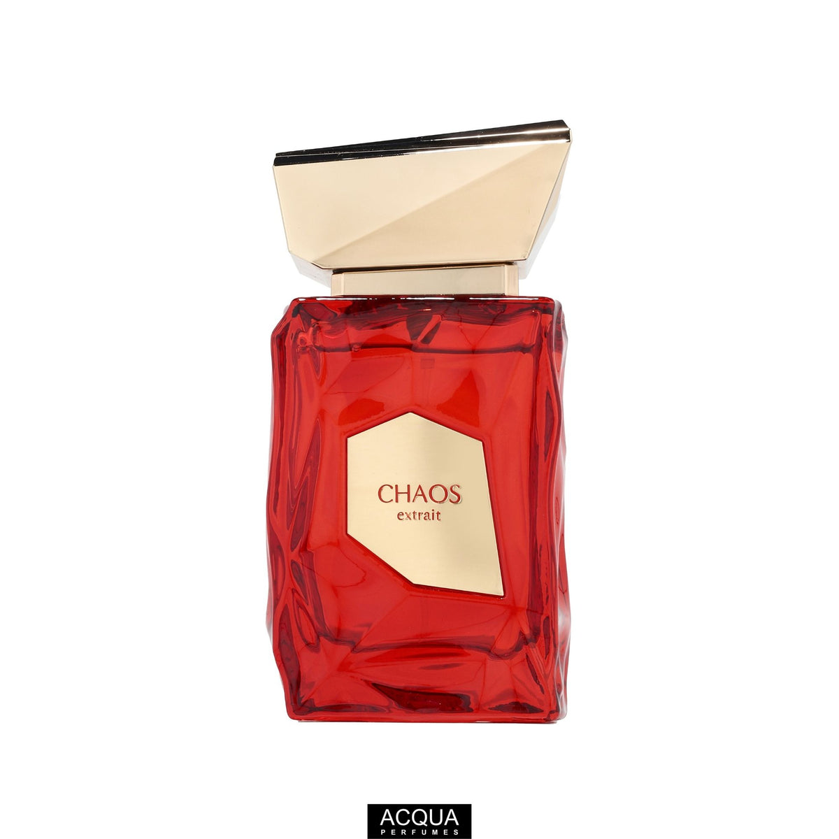 Premium 100ml geometric glass bottle of French Avenue Chaos unisex perfume highlighting the sleek design and liquid color.