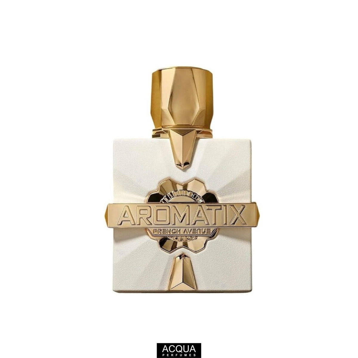Premium 100ml geometric glass bottle of French Avenue X Aromatix Platine Blanc unisex perfume highlighting the sleek design and liquid color.