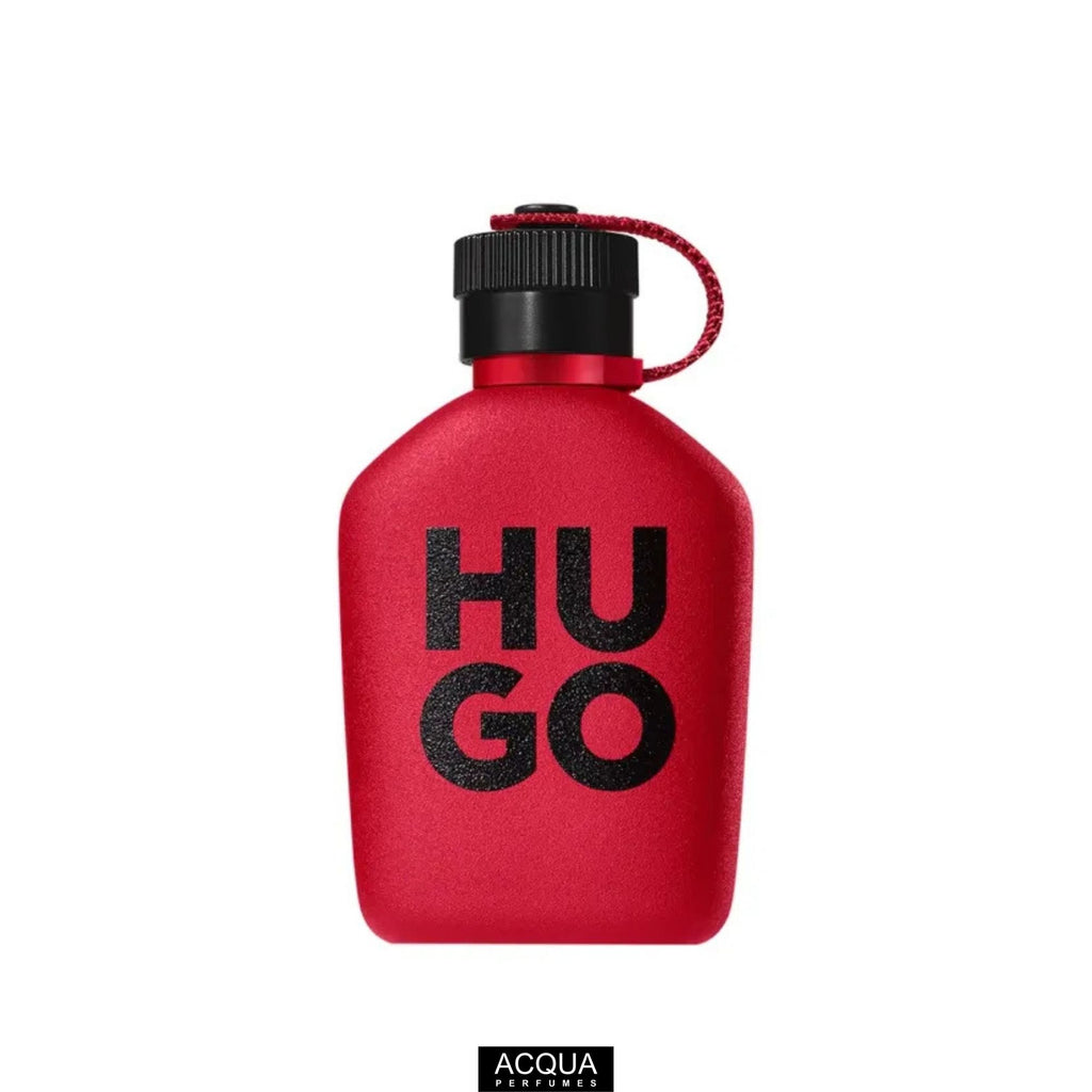 Premium 125ml men's spray bottle of Hugo Boss Hugo Intense perfume highlighting its sleek dark red glass design and fabric strap cap.
