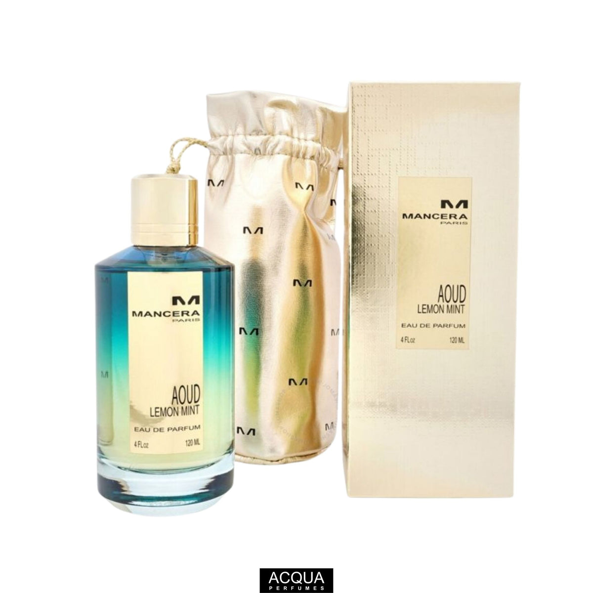 Mancera Aoud Lemon Mint 120ml Eau De Parfum heavy glass bottle and luxury signature presentation box set on ShopAcqua.com