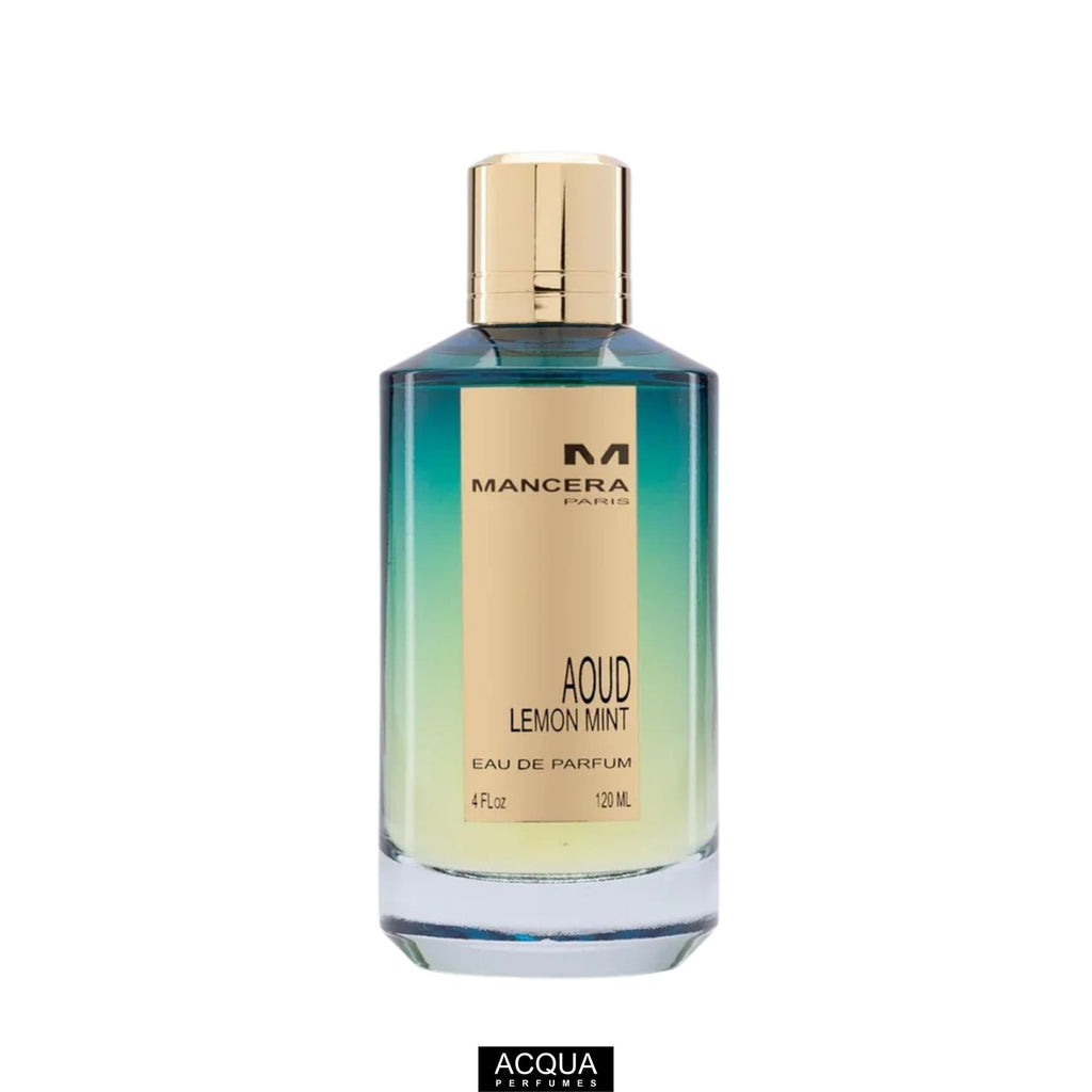 Premium 120ml unisex spray bottle of Mancera Aoud Lemon Mint perfume highlighting its heavy crystal design and gold magnetic cap.