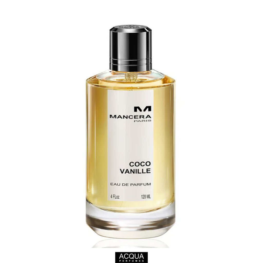 Premium 120ml women's spray bottle of Mancera Coco Vanille perfume highlighting its heavy crystal glass design and gold magnetic cap.