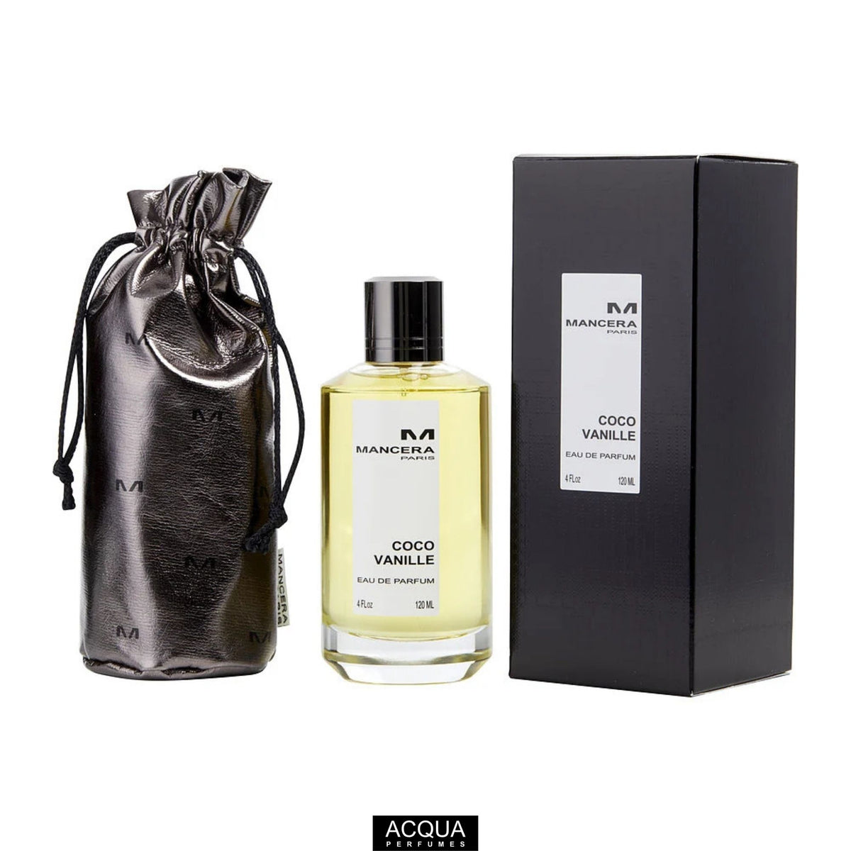 Mancera Coco Vanille 120ml Eau De Parfum heavy glass bottle and luxury signature gold display box set on ShopAcqua.com