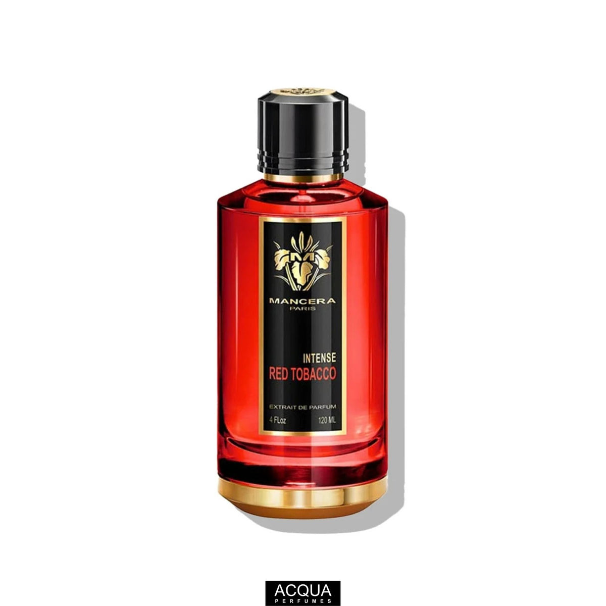 Premium 120ml unisex spray bottle of Mancera Intense Red Tobacco highlighting its heavy crystal glass design and gold magnetic cap.
