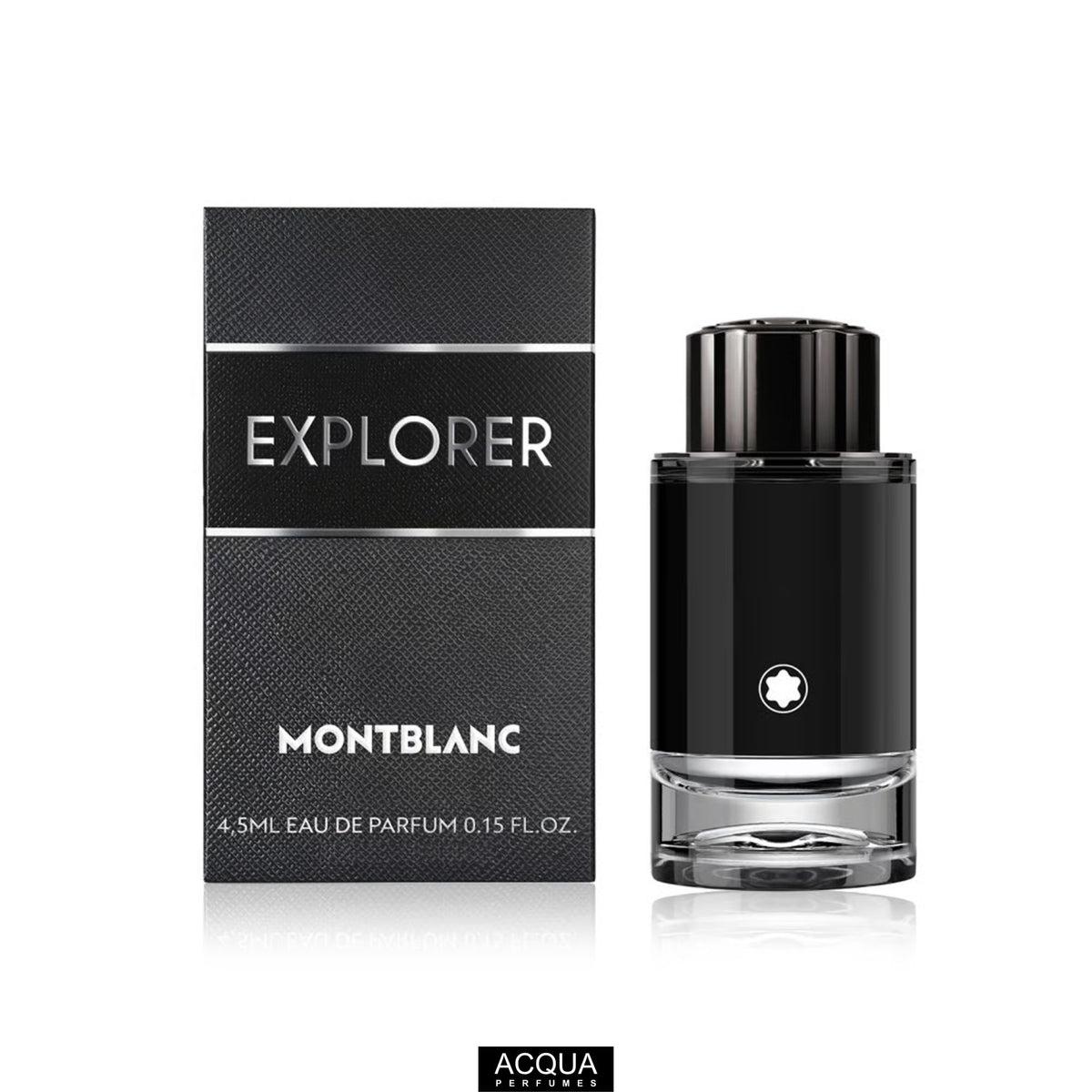 Montblanc Explorer Eau De Parfum 4.5ml miniature men's perfume bottle featuring its signature textured faux-leather sleeve next to its compact black matching retail display box on ShopAcqua.com.