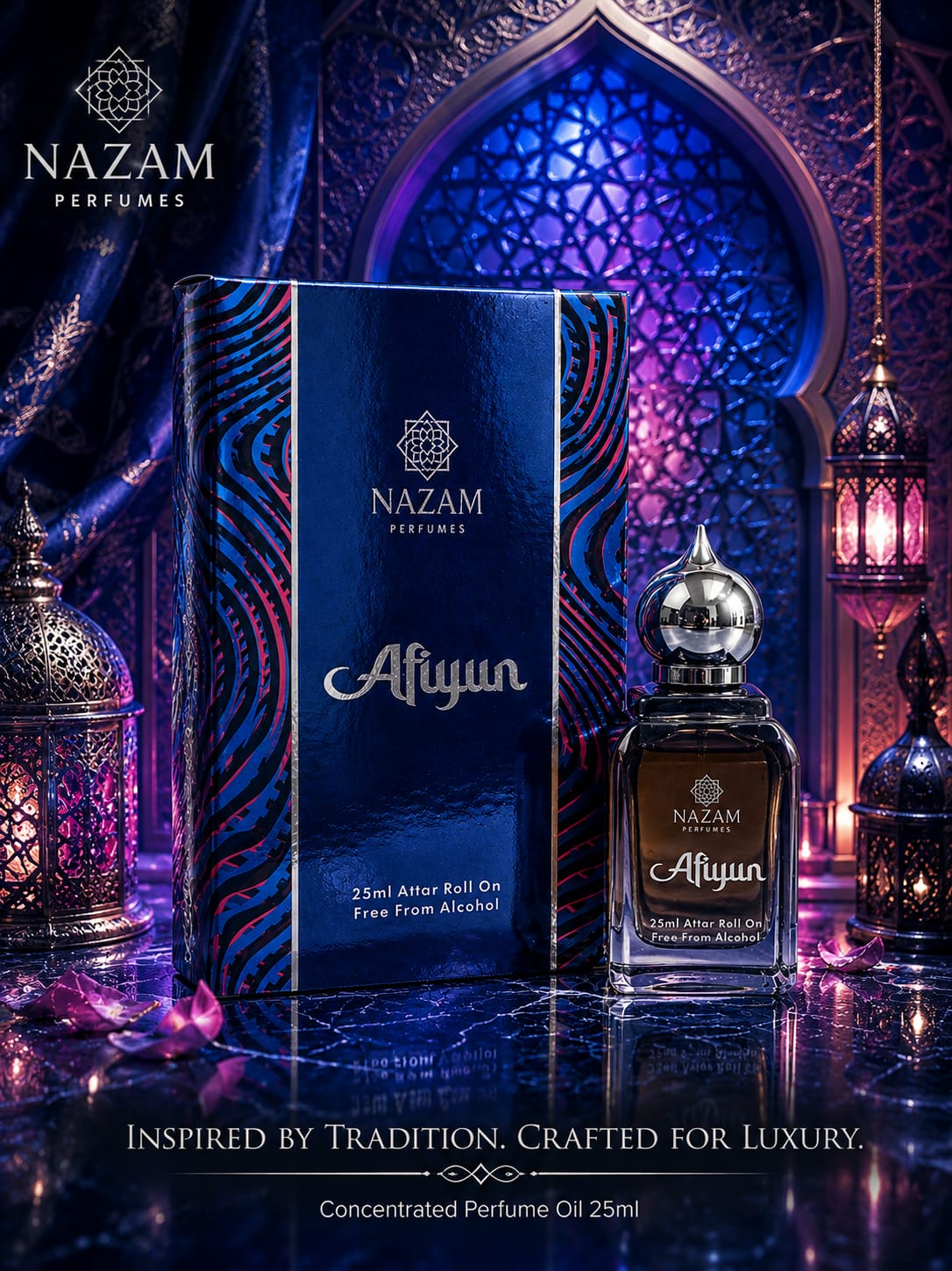 Nazam Perfumes Afiyun 25ml premium Arabic attar bottle with a silver dome cap next to its royal blue presentation box on a reflective table.
