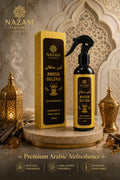 Nazam Perfumes Ameer Sultan 270ml premium Arabic air freshener bottle displaying an imperial woody and fresh spicy home fragrance profile.