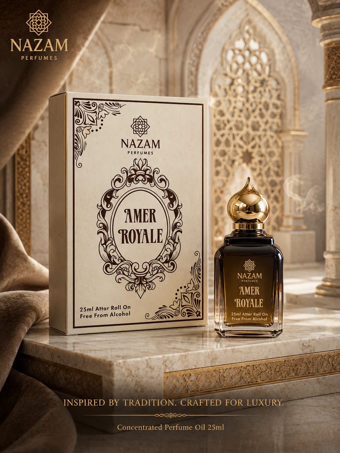 Nazam Perfumes Amer Royale 25ml premium Arabic attar bottle with a gold dome cap next to its classic cream and gold presentation box on a marble ledge.
