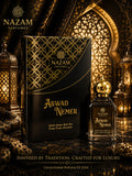 Nazam Perfumes Aswad Nemer 25ml premium Arabic attar bottle with a gold dome cap next to its black and gold presentation box on a reflective table.