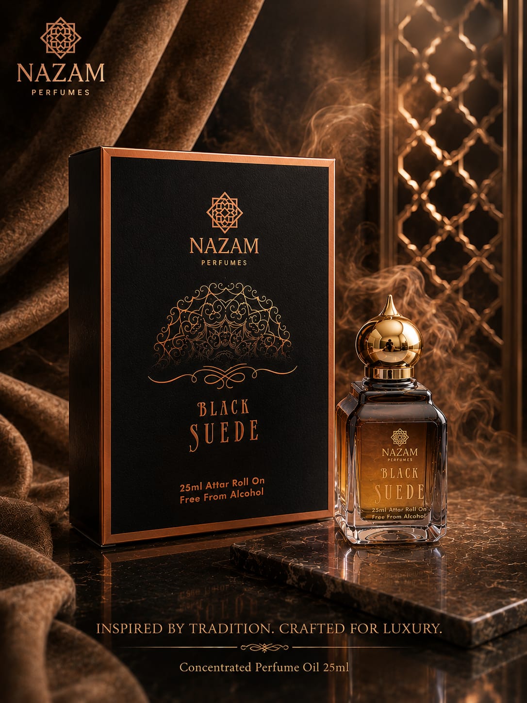 Nazam Perfumes Black Suede 25ml premium Arabic attar bottle with a gold dome cap next to its black and gold presentation box on a reflective marble table.
