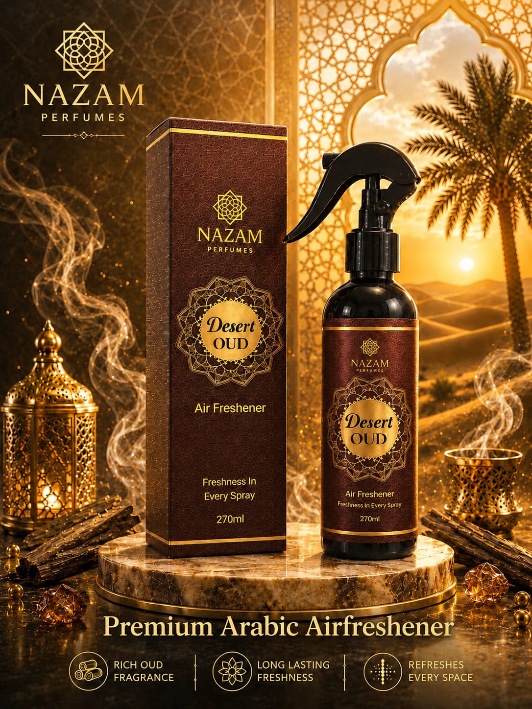 Nazam Perfumes Desert Oud 270ml premium Arabic air freshener bottle displaying a smoky, amber-oud home fragrance profile.