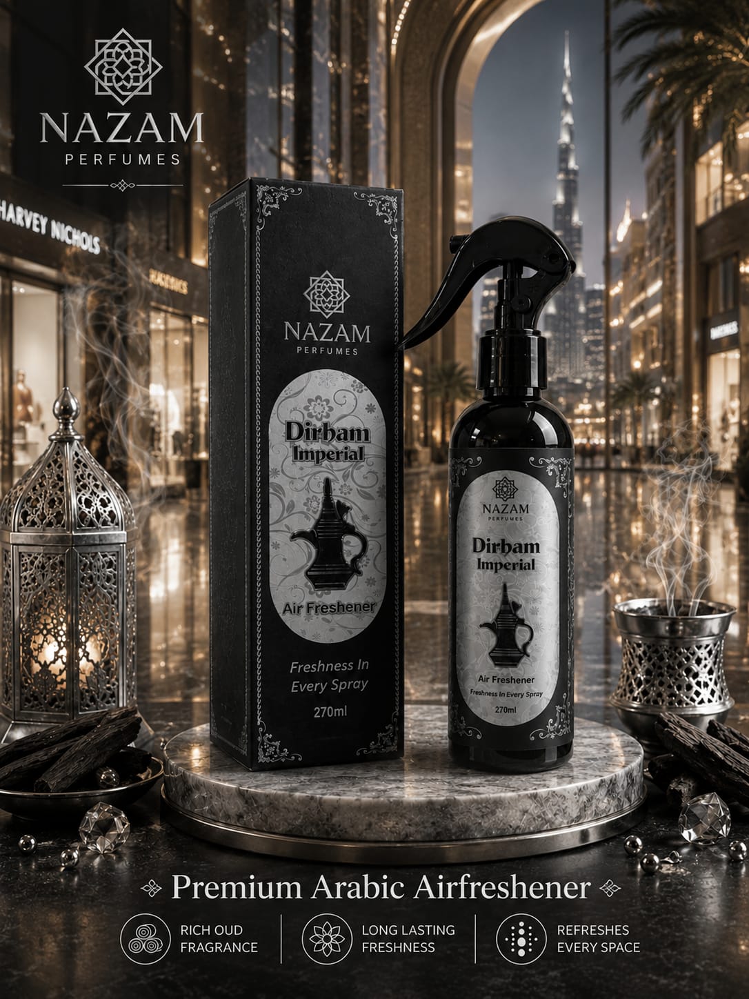 Nazam Perfumes Dirham Imperial 270ml Arabic Air Freshener bottle and display box on a marble base featuring a rich Oud room spray profile.