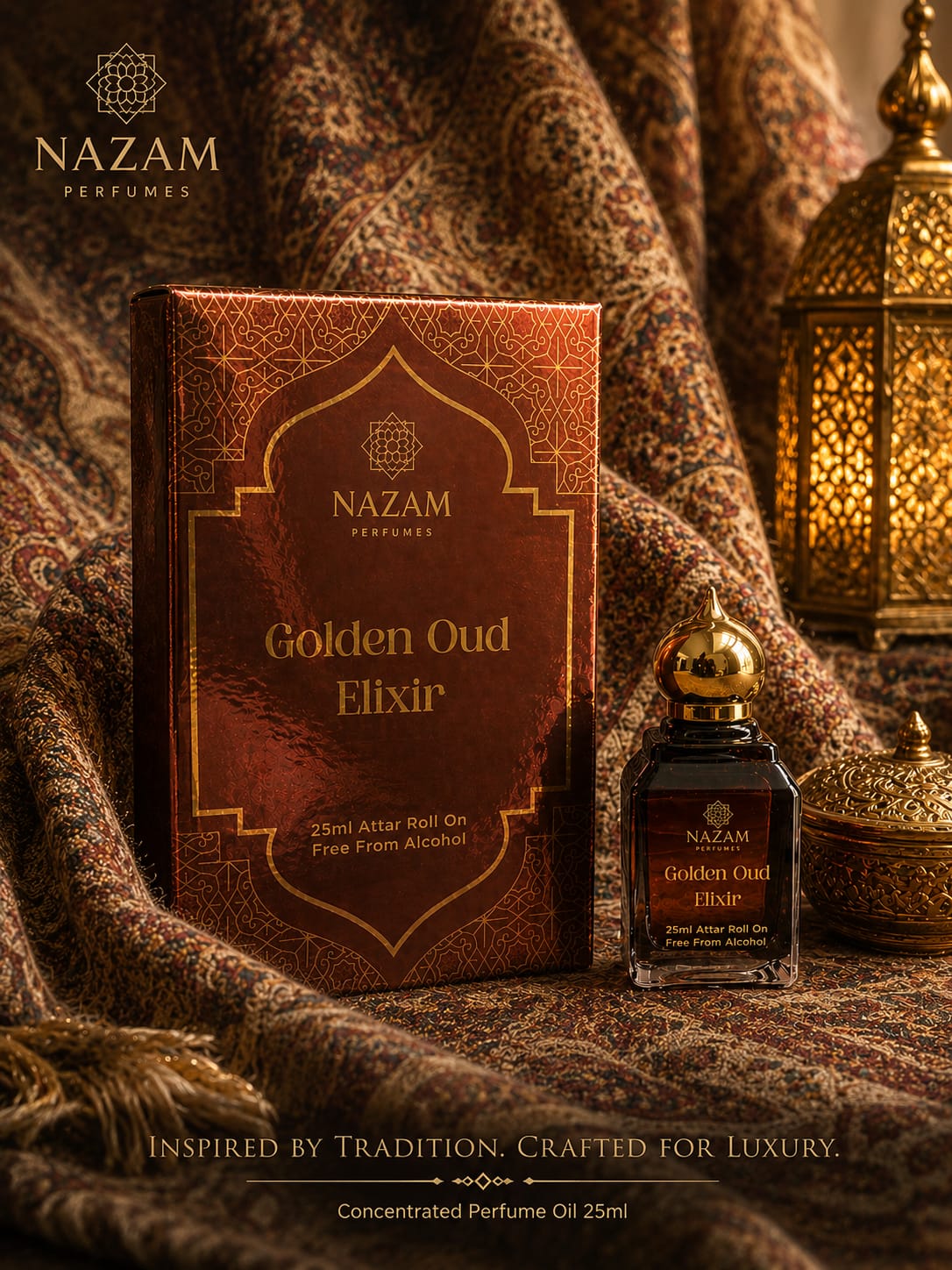 Nazam Perfumes Golden Oud Elixir 25ml premium Arabic attar bottle with a gold dome cap next to its bronze-gold presentation box on a reflective table.