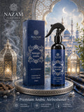 Nazam Perfumes Midnight Arabia 270ml premium Arabic air freshener bottle and box set showing a midnight blue, fresh woody-oud home fragrance design.
