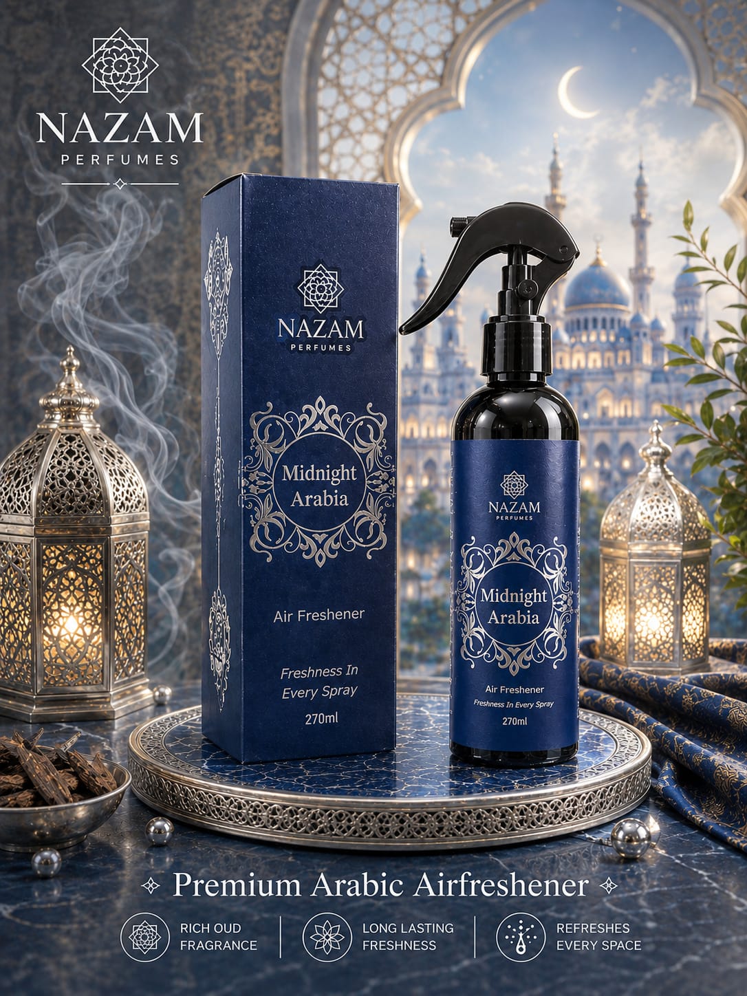 Nazam Perfumes Midnight Arabia 270ml premium Arabic air freshener bottle and box set showing a midnight blue, fresh woody-oud home fragrance design.
