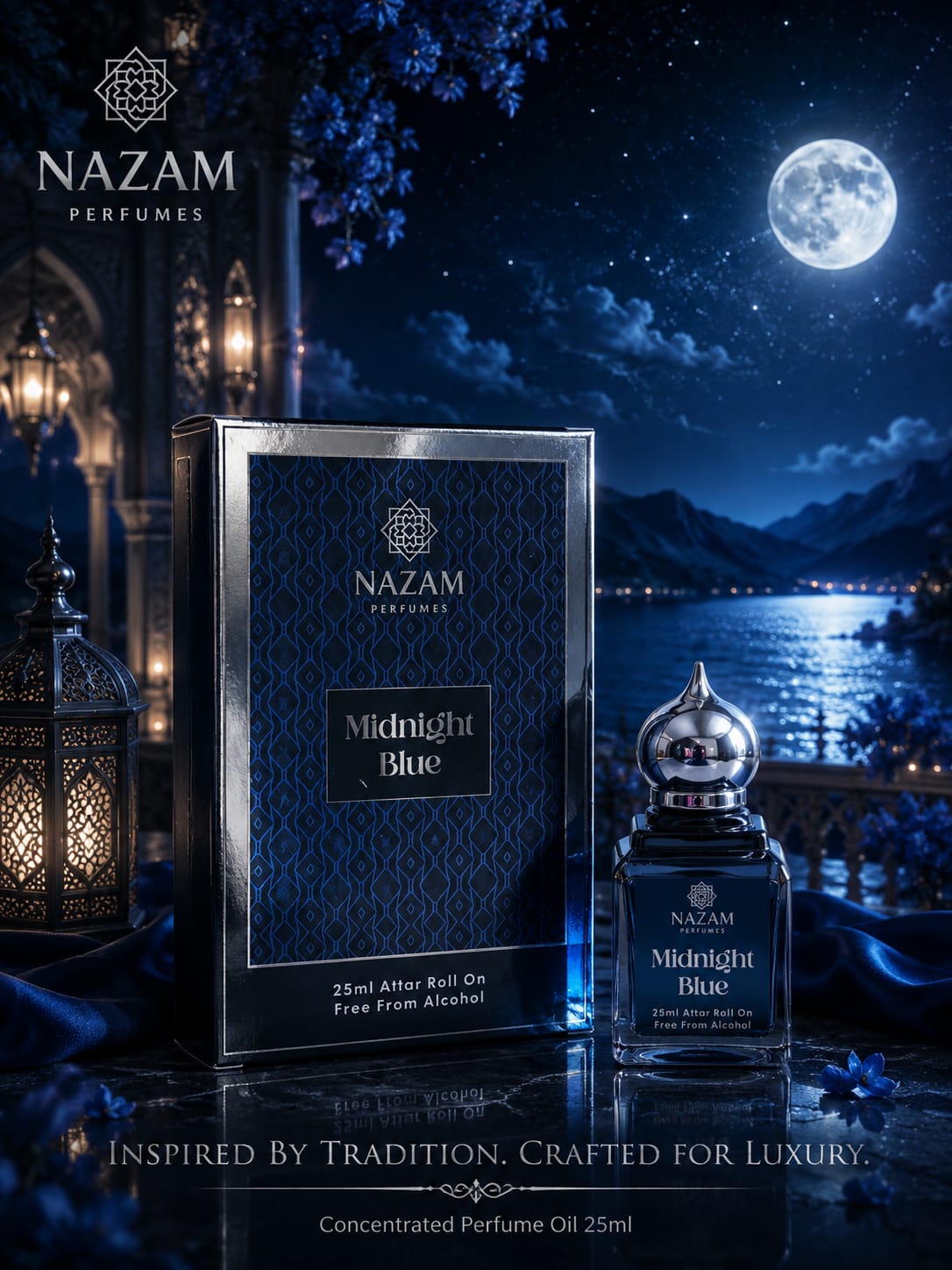 Nazam Perfumes Midnight Blue 25ml premium Arabic attar bottle with a silver dome cap next to its deep blue geometric presentation box on a reflective table under a full moon backdrop.
