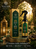 Nazam Perfumes Nazam Al Bahar 270ml luxury Arabic air freshener bottle and box set highlighting an emerald green and gold marine-oud home fragrance design.
