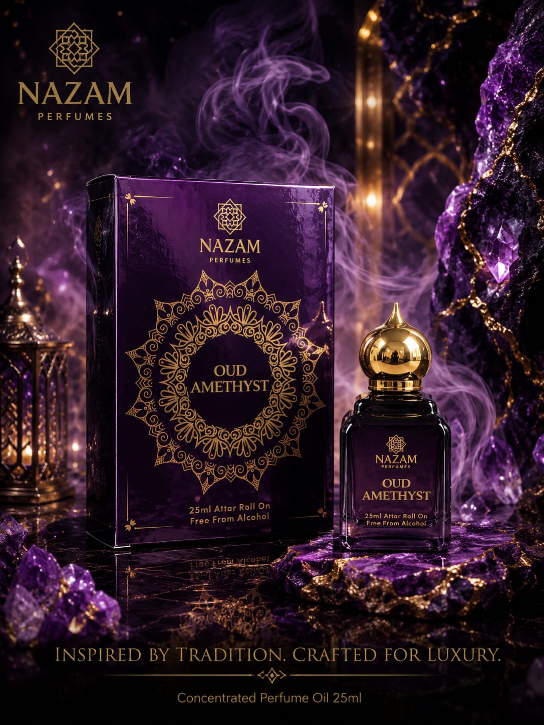 Nazam Perfumes Oud Amethyst 25ml premium Arabic attar bottle with a gold dome cap next to its deep purple and gold presentation box surrounded by amethyst crystals.
