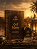  Nazam Perfumes Oud Intenso 25ml premium Arabic attar bottle with a gold dome cap next to its dark brown geometric presentation box surrounded by real agarwood pieces.