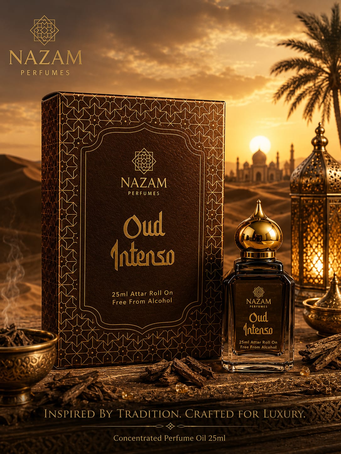  Nazam Perfumes Oud Intenso 25ml premium Arabic attar bottle with a gold dome cap next to its dark brown geometric presentation box surrounded by real agarwood pieces.