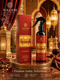 Nazam Perfumes Oud Prestige 270ml premium Arabic air freshener bottle and box set highlighting a deep crimson and gold traditional oud home fragrance design.