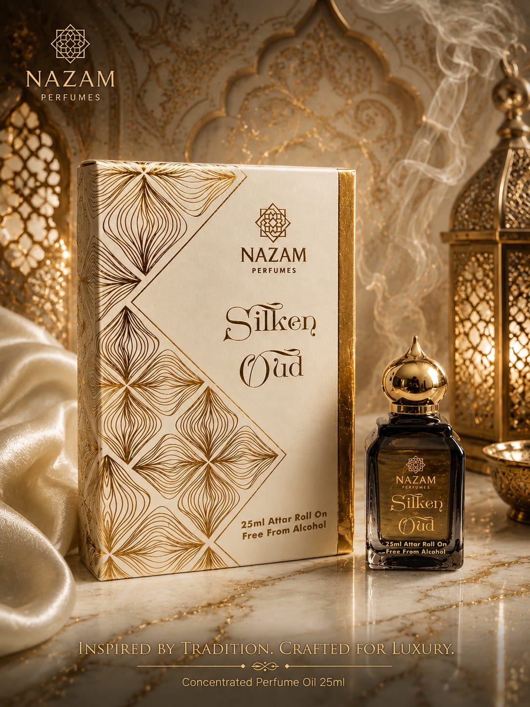Nazam Perfumes Silken Oud 25ml premium Arabic attar bottle with a gold dome cap next to its cream and gold geometric presentation box on a reflective marble table.