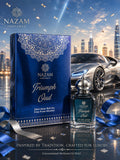 Nazam Perfumes Triumph Oud 25ml premium Arabic attar bottle with a silver dome cap next to its metallic royal blue presentation box with a luxury sports car backdrop.

