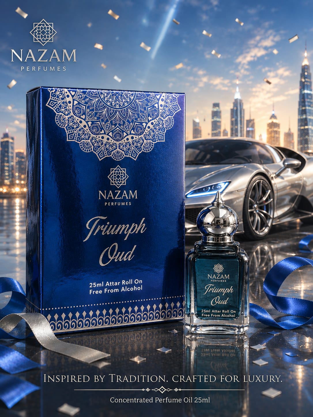 Nazam Perfumes Triumph Oud 25ml premium Arabic attar bottle with a silver dome cap next to its metallic royal blue presentation box with a luxury sports car backdrop.
