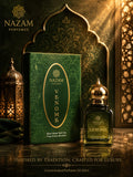 Nazam Perfumes Venome 25ml premium Arabic attar bottle with a gold dome cap next to its emerald green ornate presentation box on a reflective marble table.