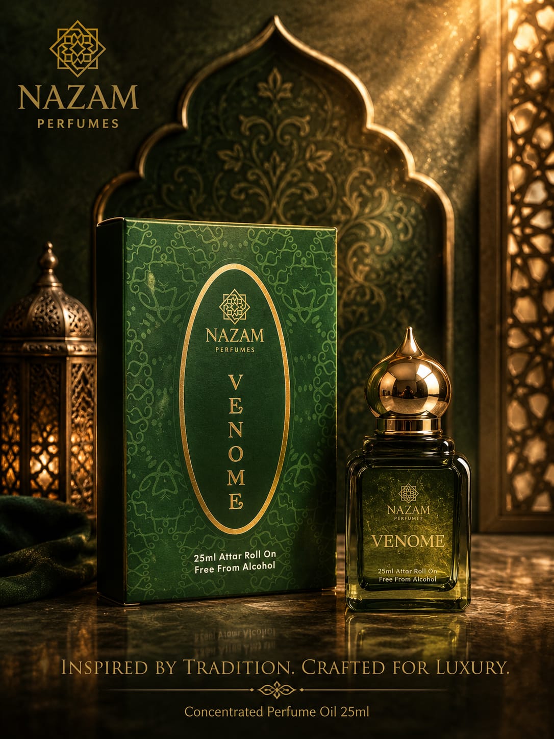 Nazam Perfumes Venome 25ml premium Arabic attar bottle with a gold dome cap next to its emerald green ornate presentation box on a reflective marble table.