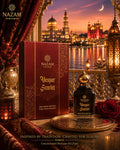 Nazam Perfumes Vesper Scarlet 25ml premium Arabic attar bottle with a gold dome cap next to its deep burgundy presentation box with a majestic dusk palace backdrop.
