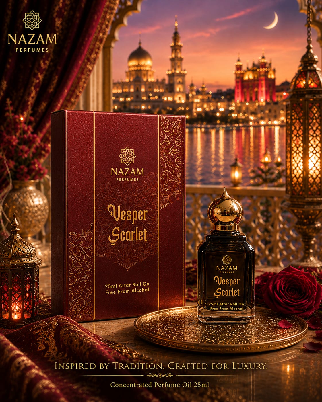 Nazam Perfumes Vesper Scarlet 25ml premium Arabic attar bottle with a gold dome cap next to its deep burgundy presentation box with a majestic dusk palace backdrop.
