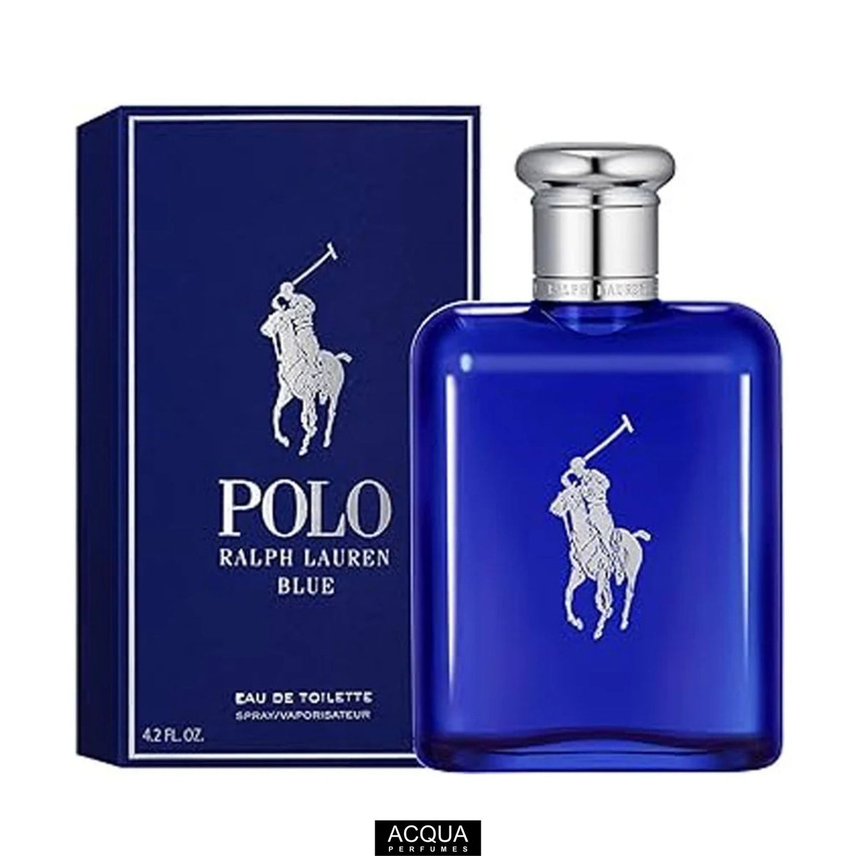 Ralph Lauren Polo Blue Eau De Toilette 125ml men's premium perfume bottle featuring its signature cobalt blue glass flask design standing beside its royal blue retail packaging box on ShopAcqua.com.