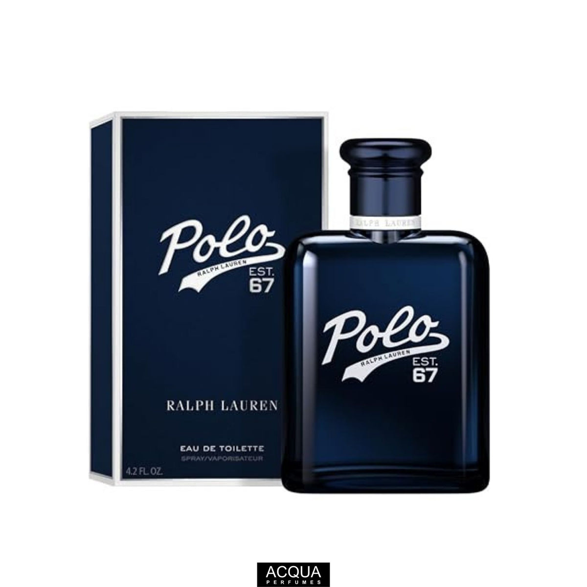 Ralph Lauren Polo Est. 67 Eau De Toilette 125ml sleek dark blue glass bottle showcasing the vintage white Polo 67 logo alongside its premium matching navy blue retail box on ShopAcqua.com