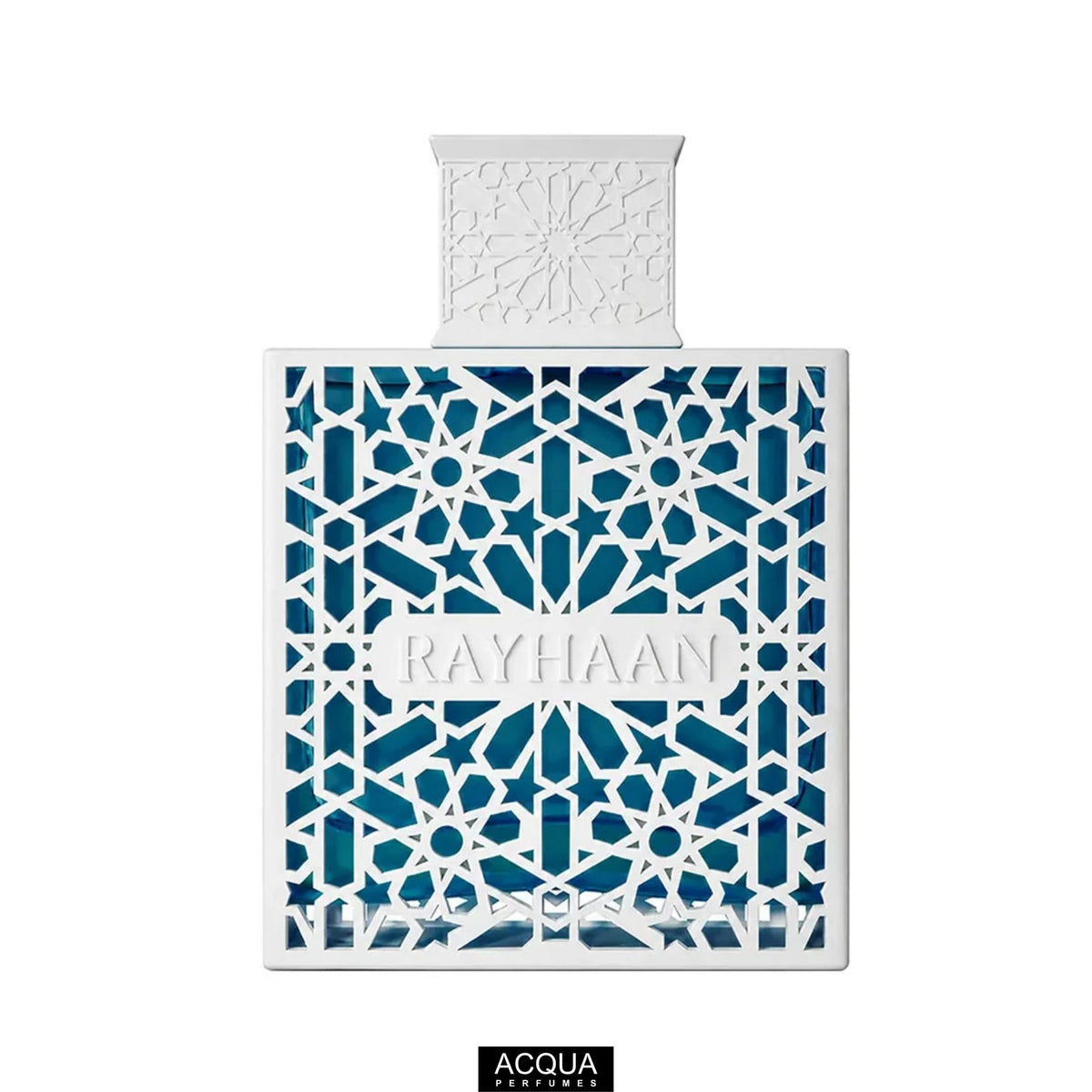 Premium 100ml men's spray bottle of Rayhaan Azul perfume highlighting its deep blue glass design and signature high-quality atomiser cap.