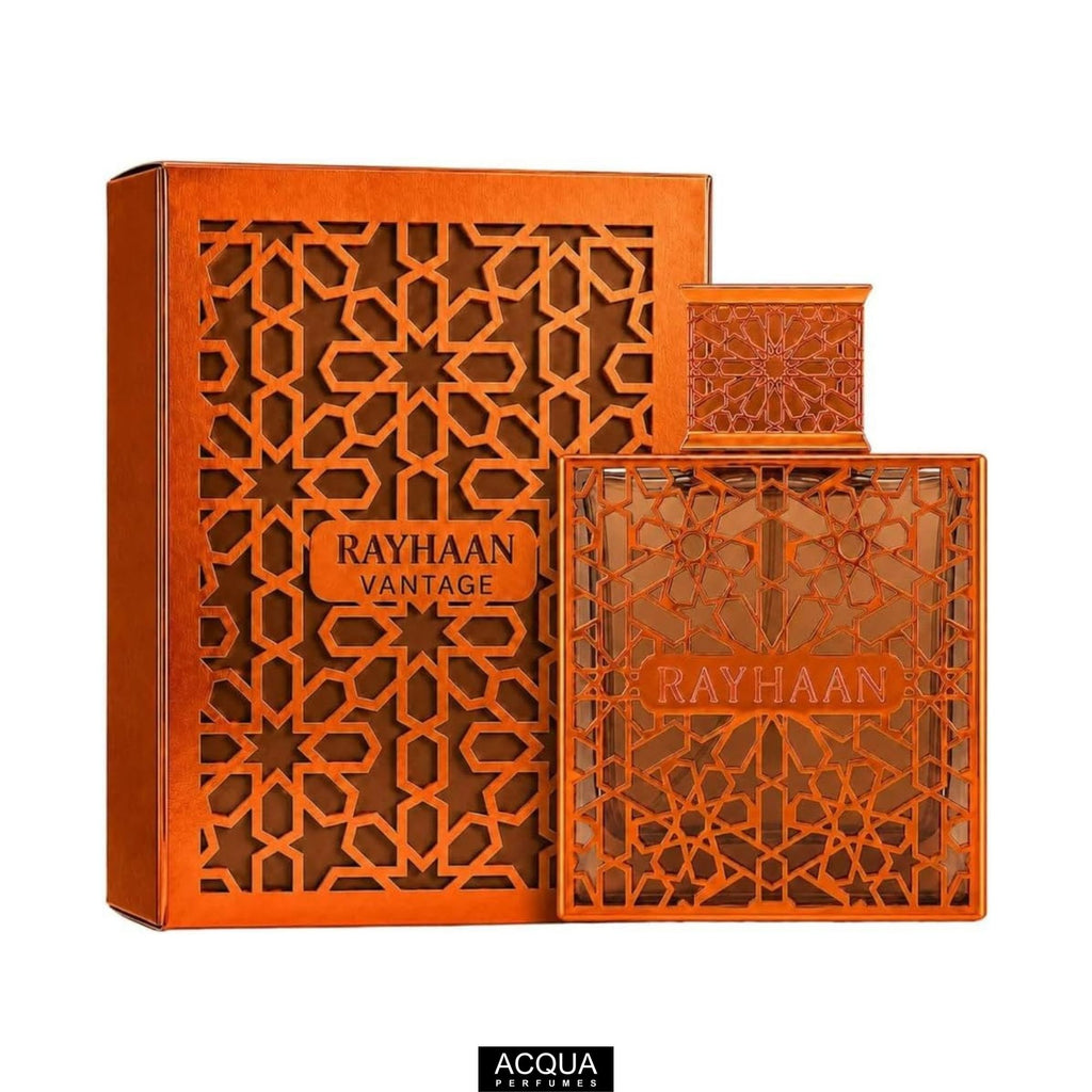Rayhaan Vantage 100ml Eau De Parfum sleek masculine bottle and luxury geometric packaging box set on ShopAcqua.com
