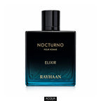Premium 100ml unisex spray bottle of Rayhaan Nocturno Elixir perfume highlighting its heavy glass design and signature high-quality atomiser cap.