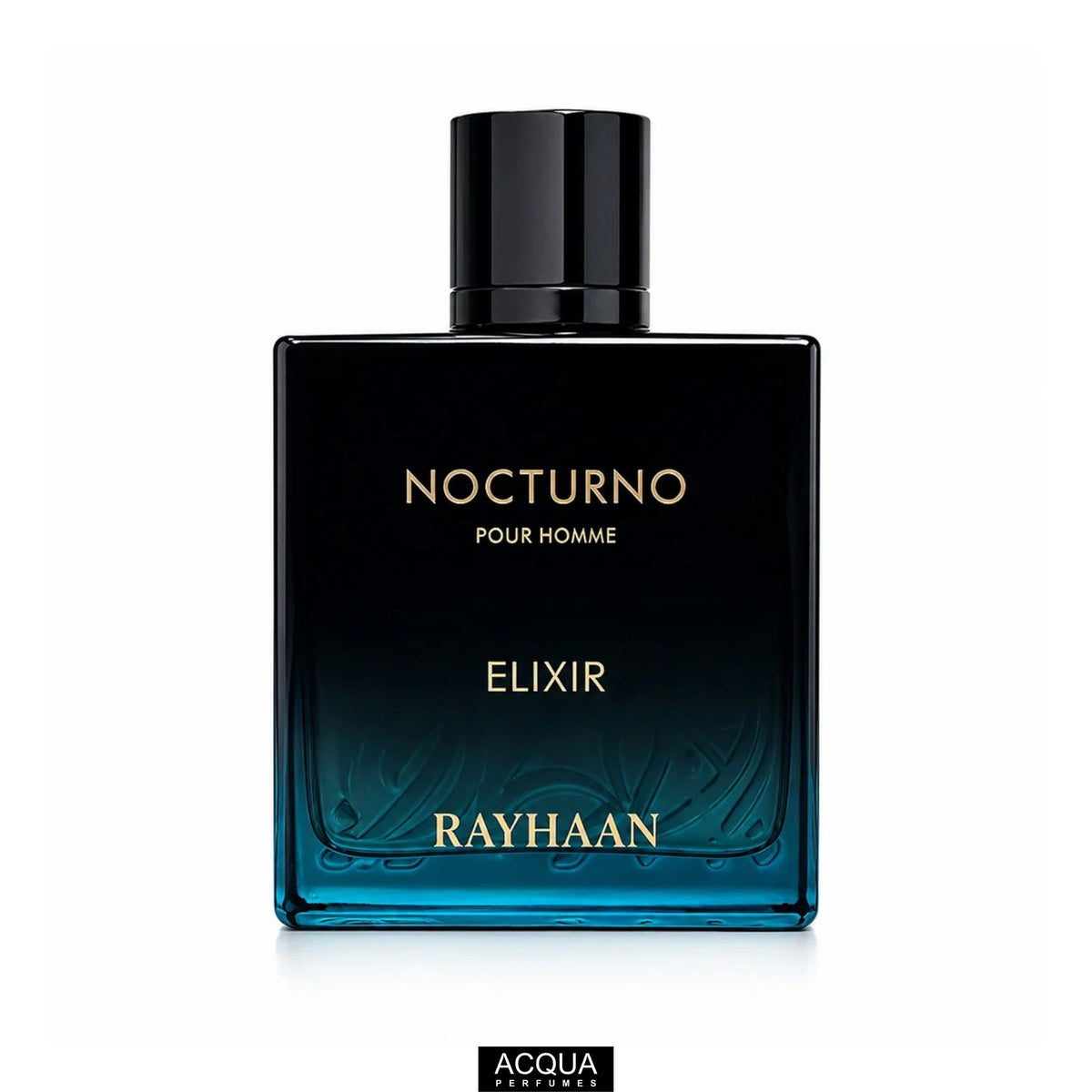 Premium 100ml unisex spray bottle of Rayhaan Nocturno Elixir perfume highlighting its heavy glass design and signature high-quality atomiser cap.