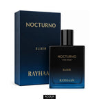 Rayhaan Nocturno Elixir 100ml dark luxury bottle and premium retail packaging display box on ShopAcqua.com