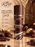 Rizz Parfums Choco Rush 200ml luxury perfumed deodorant body spray canister surrounded by real chocolate pieces and premium confections.
