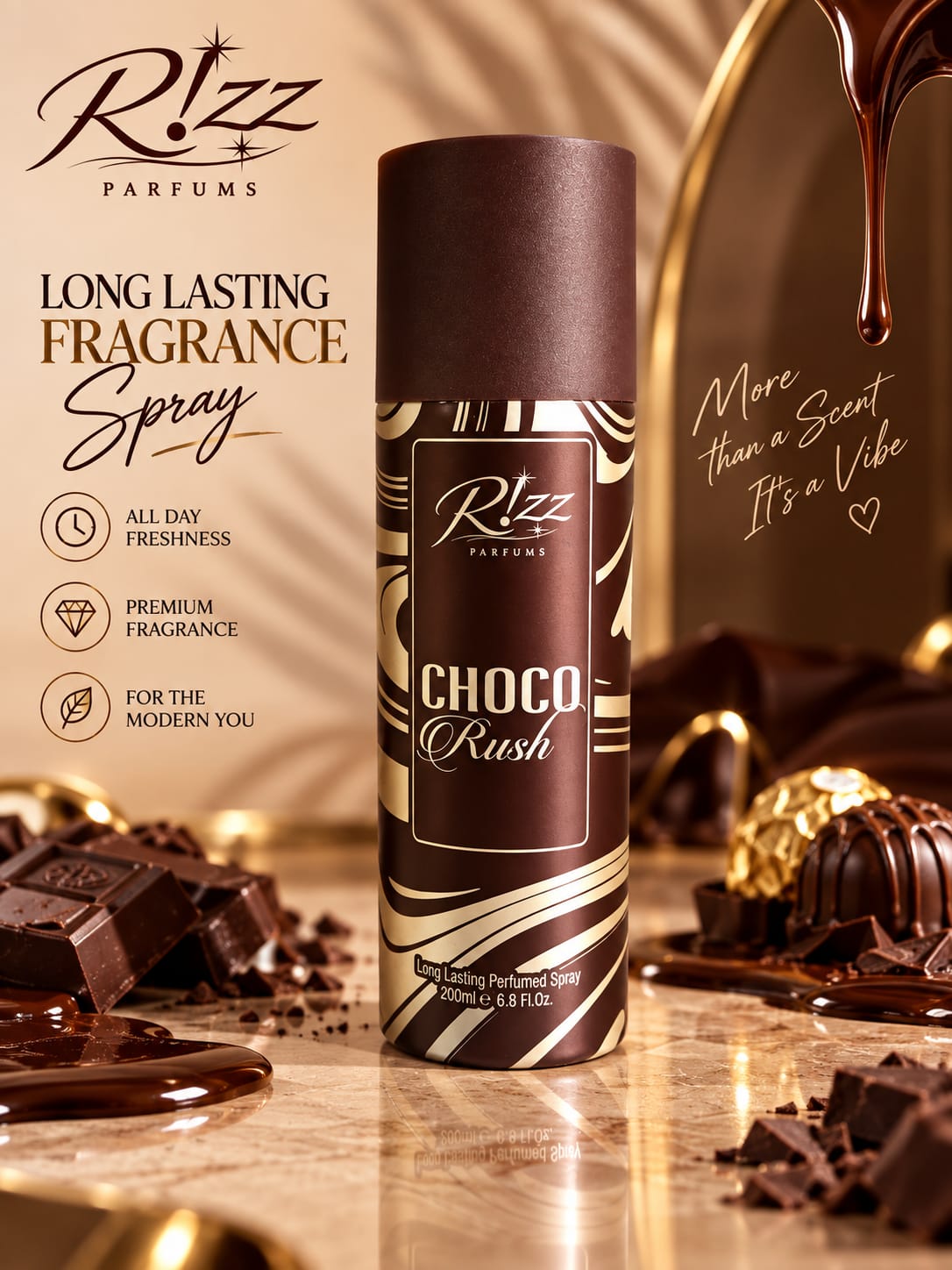 Rizz Parfums Choco Rush 200ml luxury perfumed deodorant body spray canister surrounded by real chocolate pieces and premium confections.
