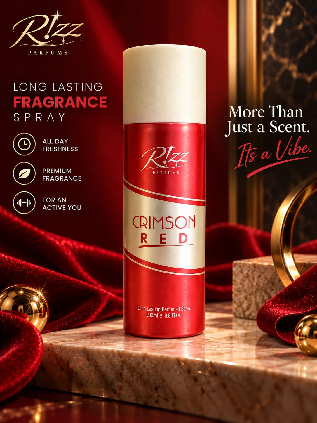 Rizz Parfums Crimson Red 200ml luxury perfumed deodorant body spray canister standing on a marble base flanked by rich red velvet fabric drapery.