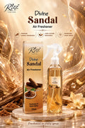 Rizz Parfums Divine Sandal 270ml premium air freshener bottle and display box set showcasing a golden, creamy sandalwood home fragrance design.