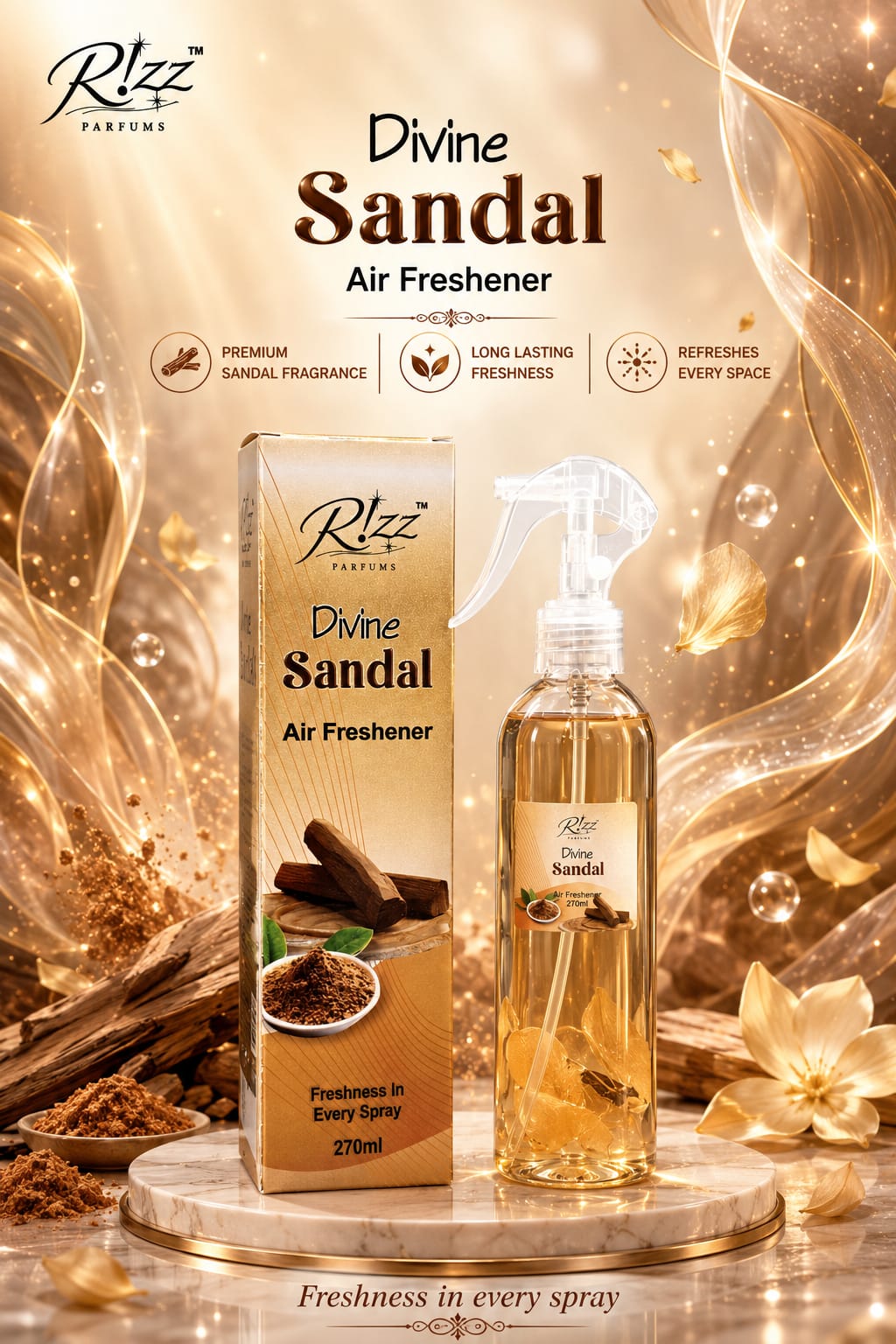 Rizz Parfums Divine Sandal 270ml premium air freshener bottle and display box set showcasing a golden, creamy sandalwood home fragrance design.