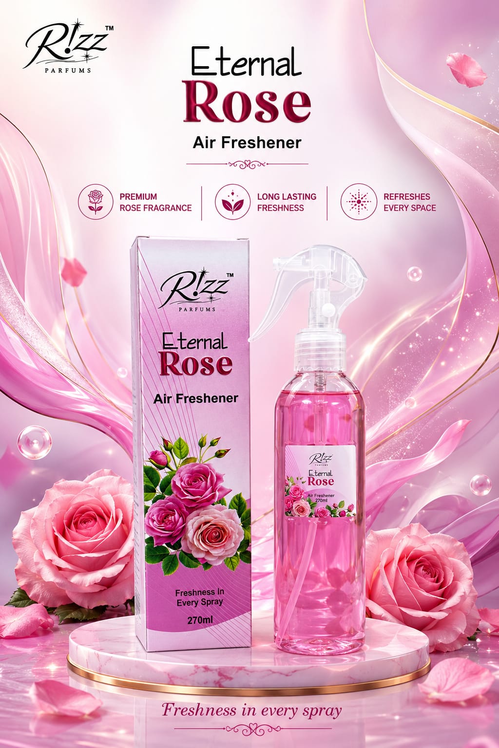 Rizz Parfums Eternal Rose 270ml premium Arabic air freshener bottle and display box set on a pink marble base surrounded by blooming fresh roses.